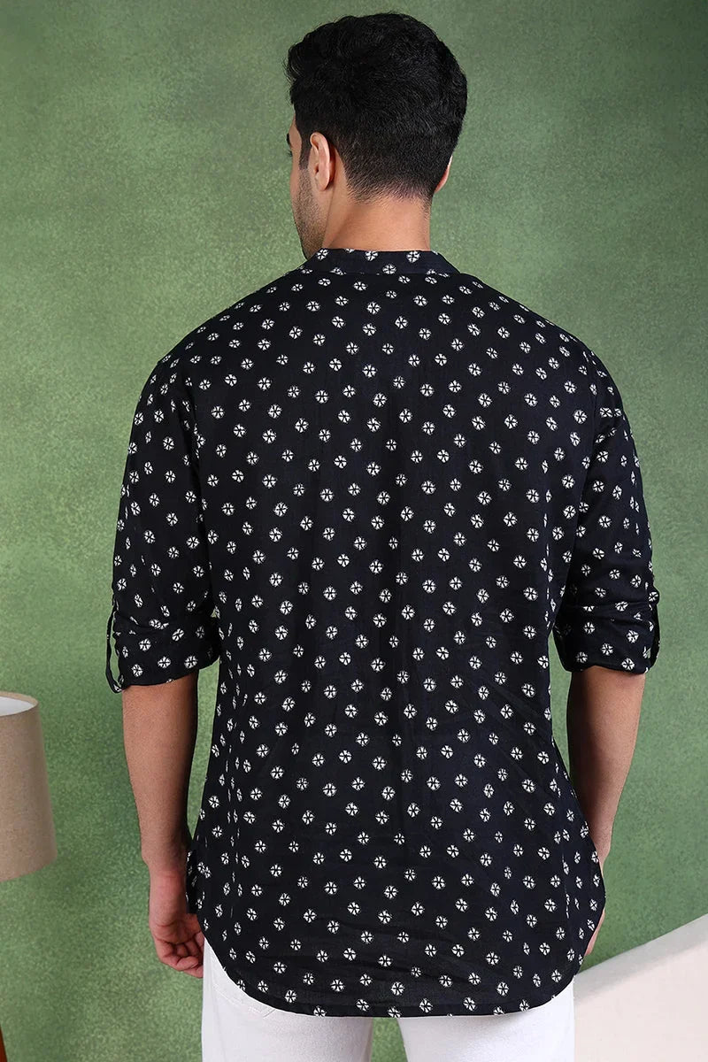 Black Cotton Bandhani Printed Straight Short Kurta For Men MSKU1001BLK