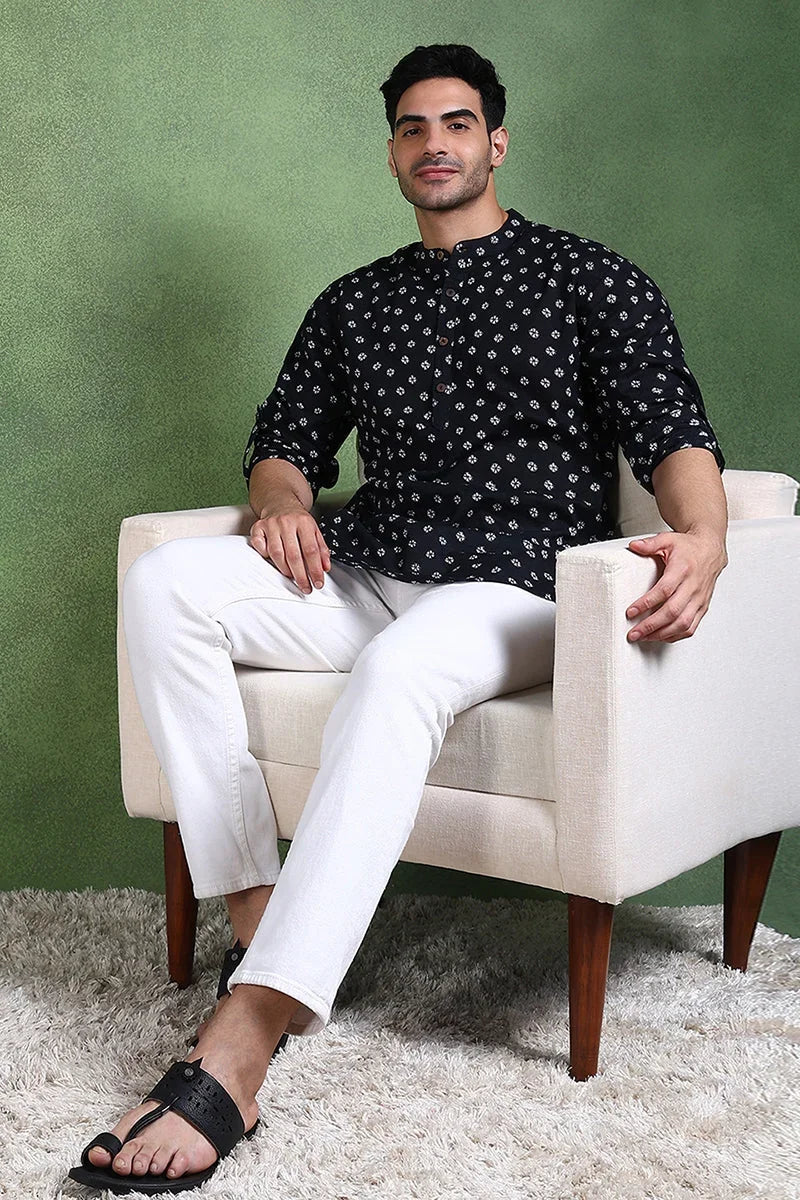 Black Cotton Bandhani Printed Straight Short Kurta For Men MSKU1001BLK
