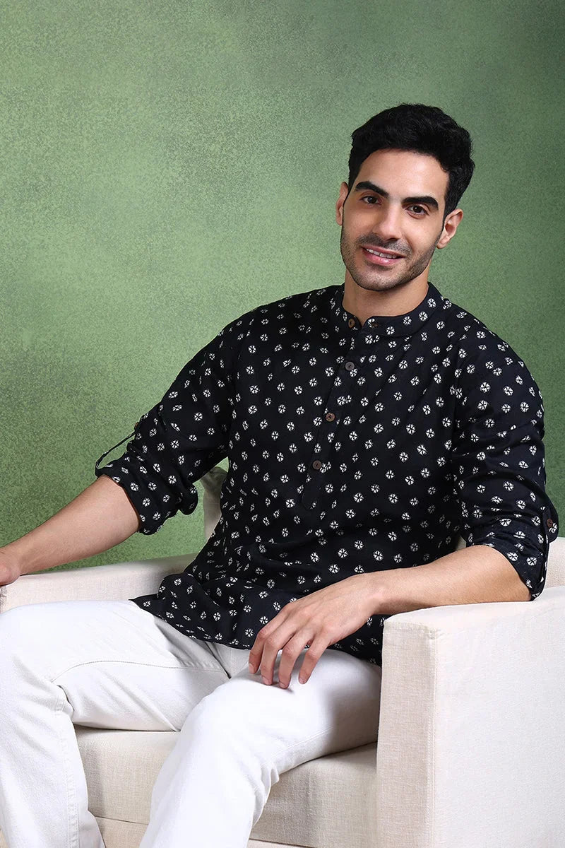 Black Cotton Bandhani Printed Straight Short Kurta For Men MSKU1001BLK