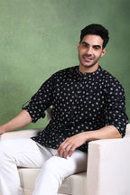 Black Cotton Bandhani Printed Straight Short Kurta For Men MSKU1001BLK