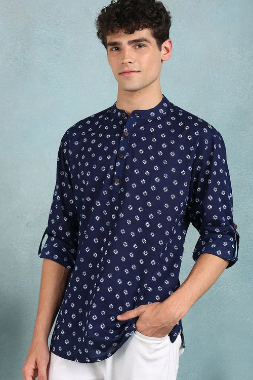 Blue Cotton Bandhani Printed Straight Short Kurta For Men MSKU1001BLU