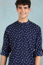 Blue Cotton Bandhani Printed Straight Short Kurta For Men MSKU1001BLU