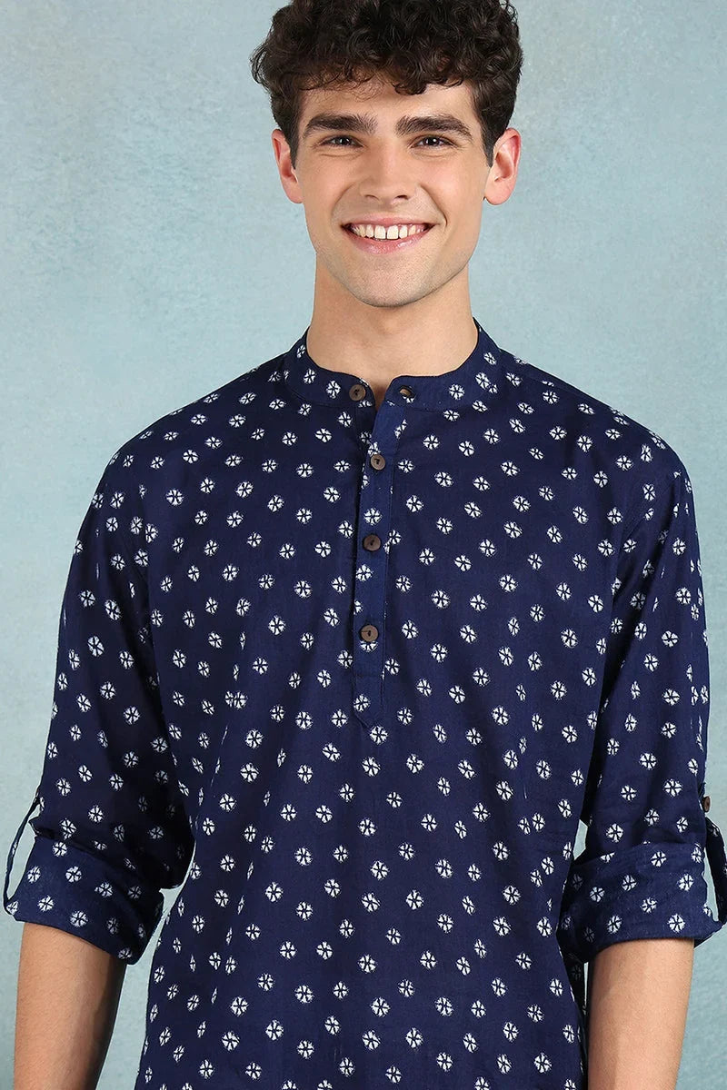 Blue Cotton Bandhani Printed Straight Short Kurta For Men MSKU1001BLU