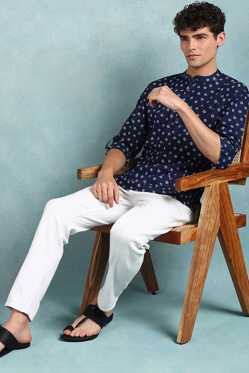 Blue Cotton Bandhani Printed Straight Short Kurta For Men MSKU1001BLU
