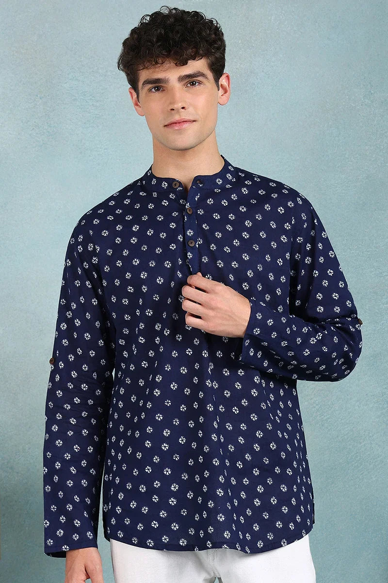 Blue Cotton Bandhani Printed Straight Short Kurta For Men MSKU1001BLU
