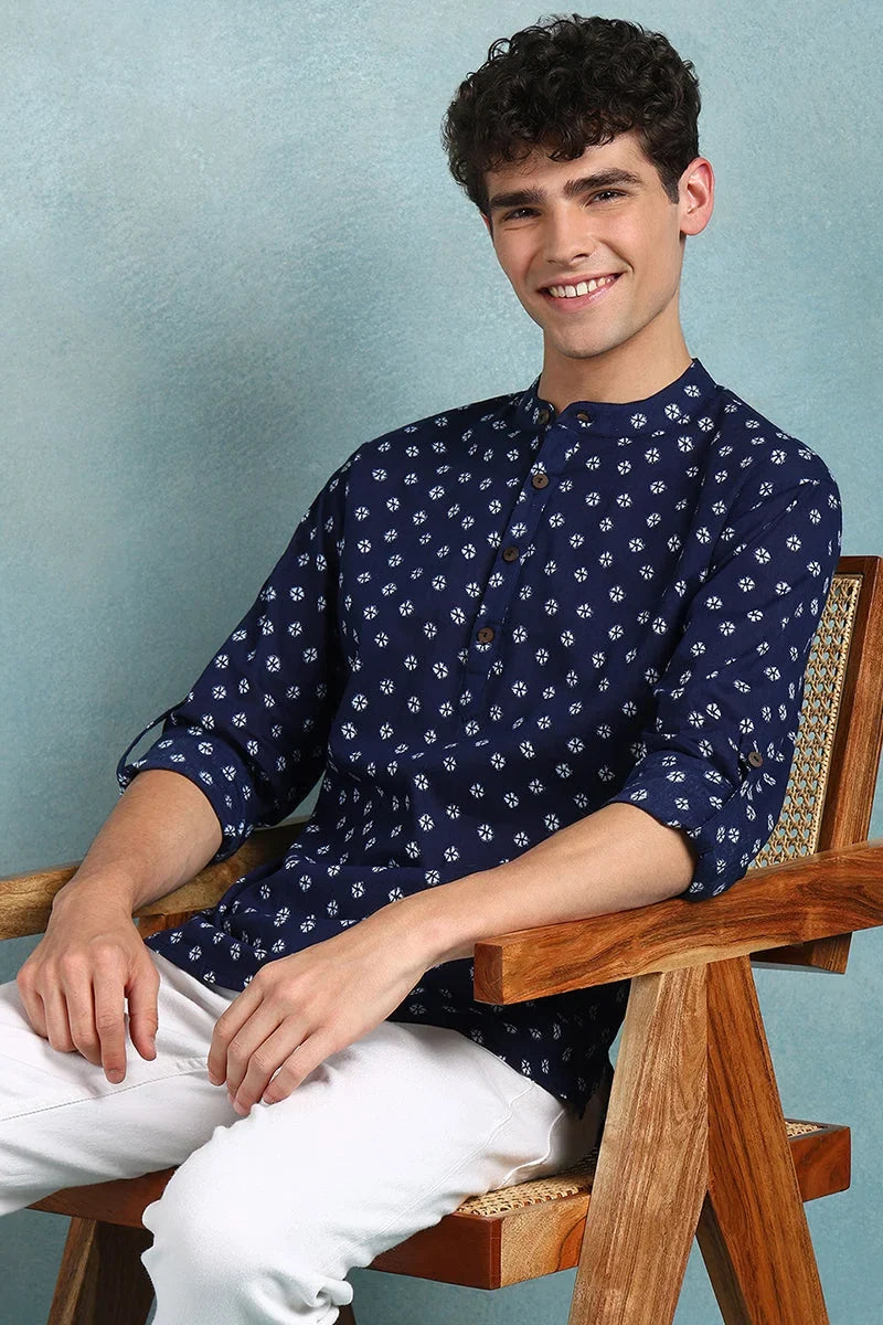 Blue Cotton Bandhani Printed Straight Short Kurta For Men MSKU1001BLU
