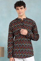 Black Cotton Ikat Printed Straight Short Kurta For Men MSKU1002BLK