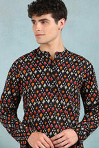 Black Cotton Ikat Printed Straight Short Kurta For Men MSKU1002BLK