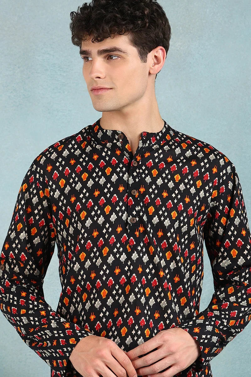 Black Cotton Ikat Printed Straight Short Kurta For Men MSKU1002BLK