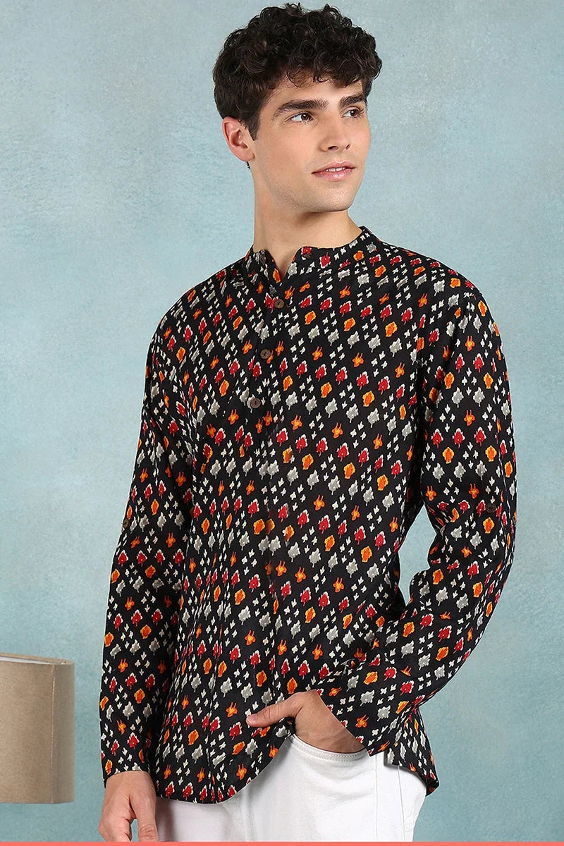 Black Cotton Ikat Printed Straight Short Kurta For Men MSKU1002BLK