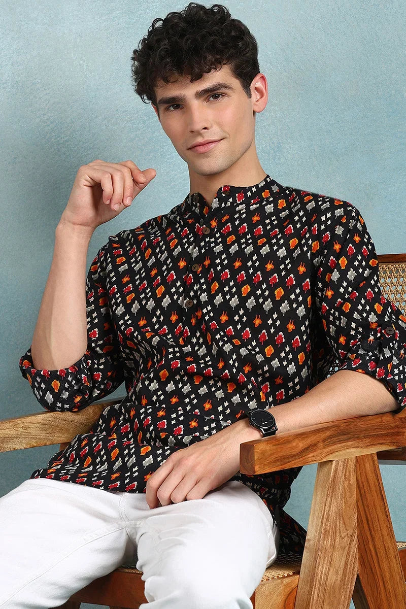 Black Cotton Ikat Printed Straight Short Kurta For Men MSKU1002BLK