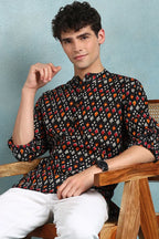 Black Cotton Ikat Printed Straight Short Kurta For Men MSKU1002BLK