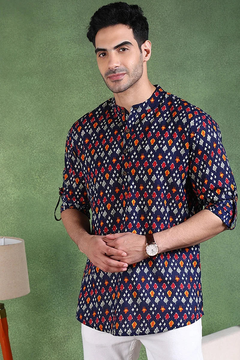 Blue Cotton Geometric Printed Straight Short Kurta For Men MSKU1002BLU
