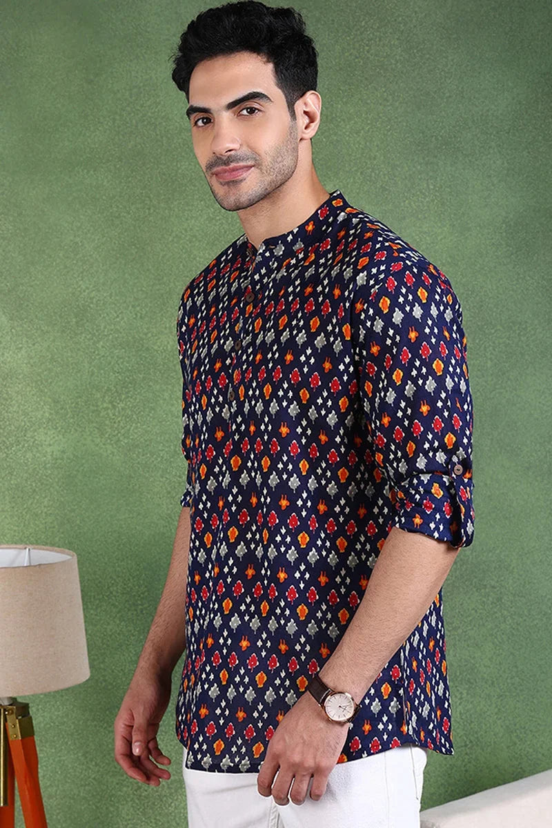 Blue Cotton Geometric Printed Straight Short Kurta For Men MSKU1002BLU