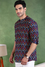 Blue Cotton Geometric Printed Straight Short Kurta For Men MSKU1002BLU