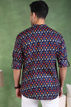 Blue Cotton Geometric Printed Straight Short Kurta For Men MSKU1002BLU