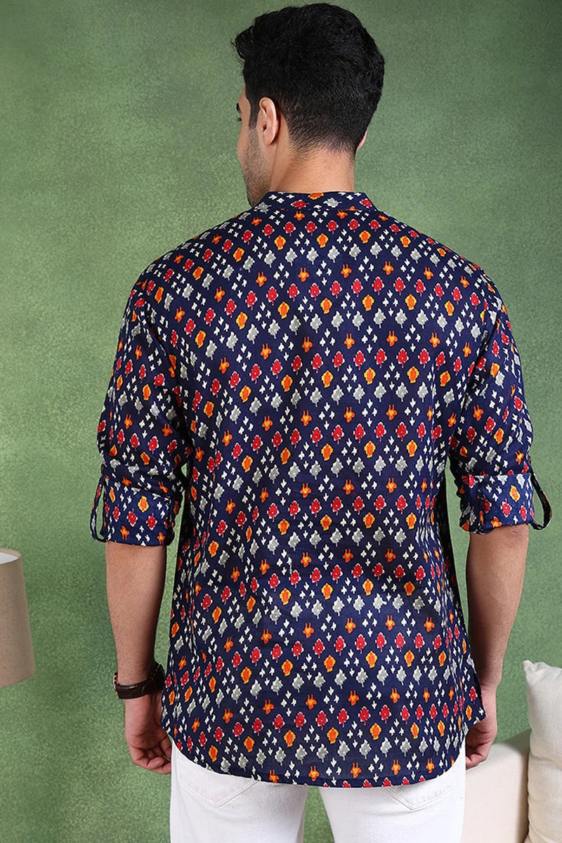 Blue Cotton Geometric Printed Straight Short Kurta For Men MSKU1002BLU