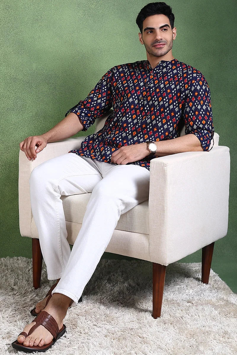 Blue Cotton Geometric Printed Straight Short Kurta For Men MSKU1002BLU