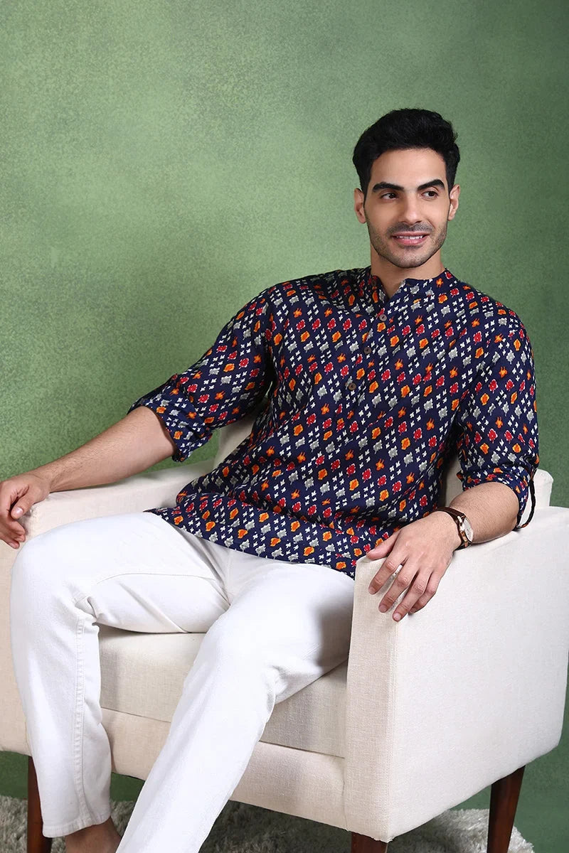 Blue Cotton Geometric Printed Straight Short Kurta For Men MSKU1002BLU