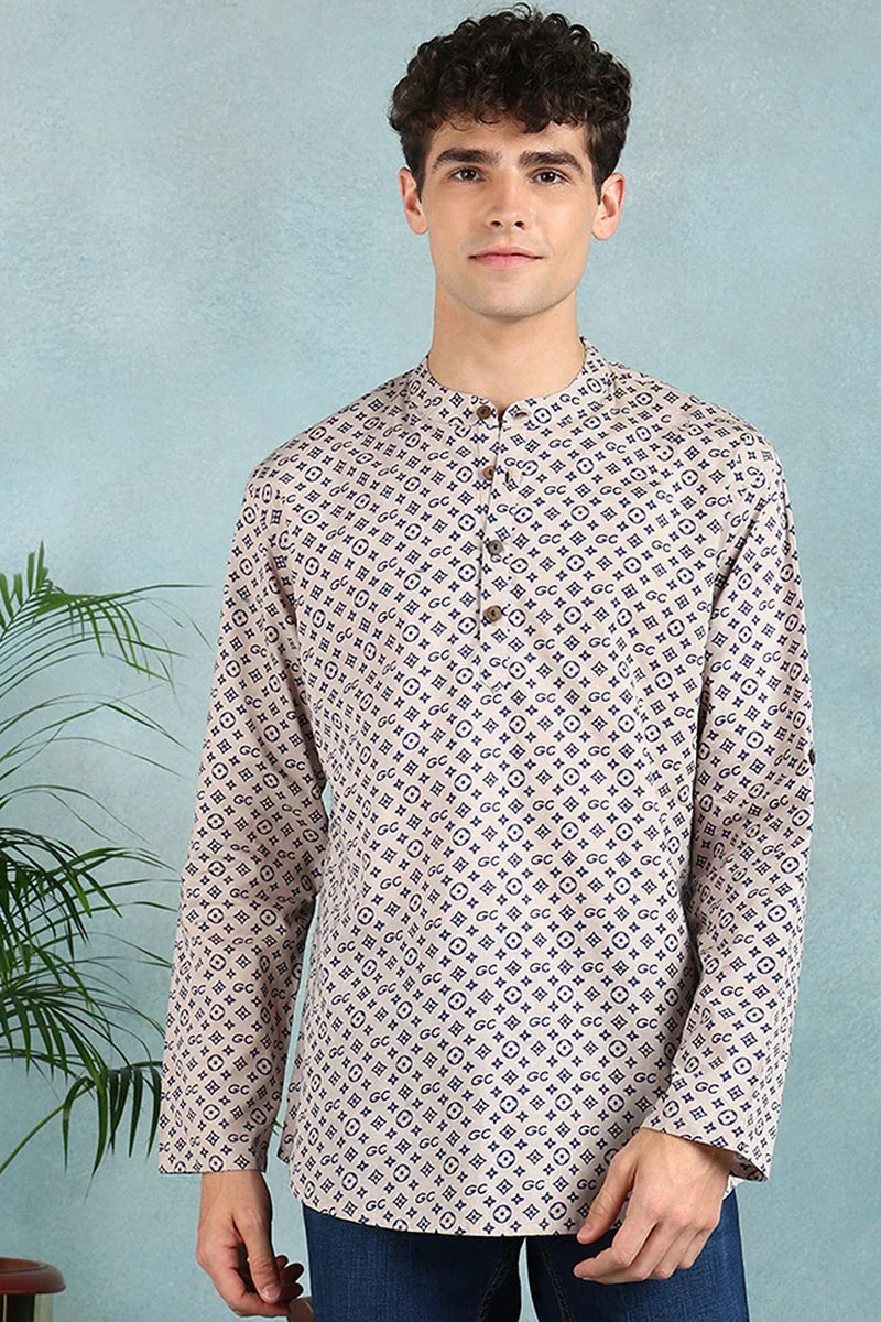 Beige Cotton Geometric Printed Straight Short Kurta For Men MSKU1004BLU