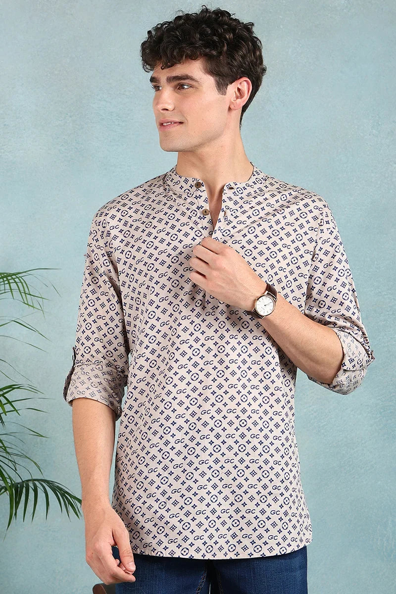 Beige Cotton Geometric Printed Straight Short Kurta For Men MSKU1004BLU