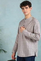 Beige Cotton Geometric Printed Straight Short Kurta For Men MSKU1004BLU