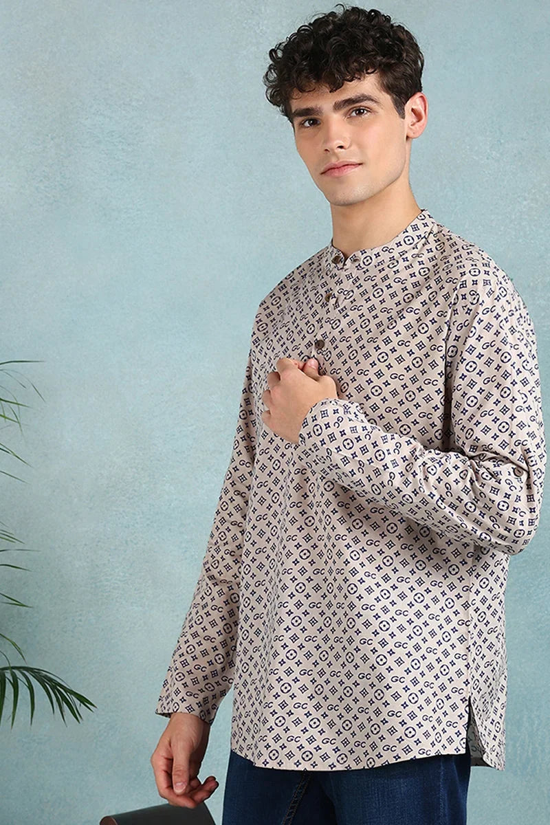 Beige Cotton Geometric Printed Straight Short Kurta For Men MSKU1004BLU