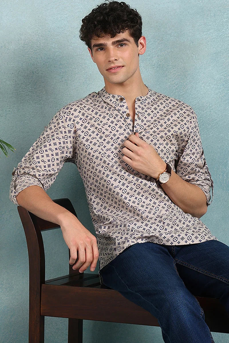 Beige Cotton Geometric Printed Straight Short Kurta For Men MSKU1004BLU