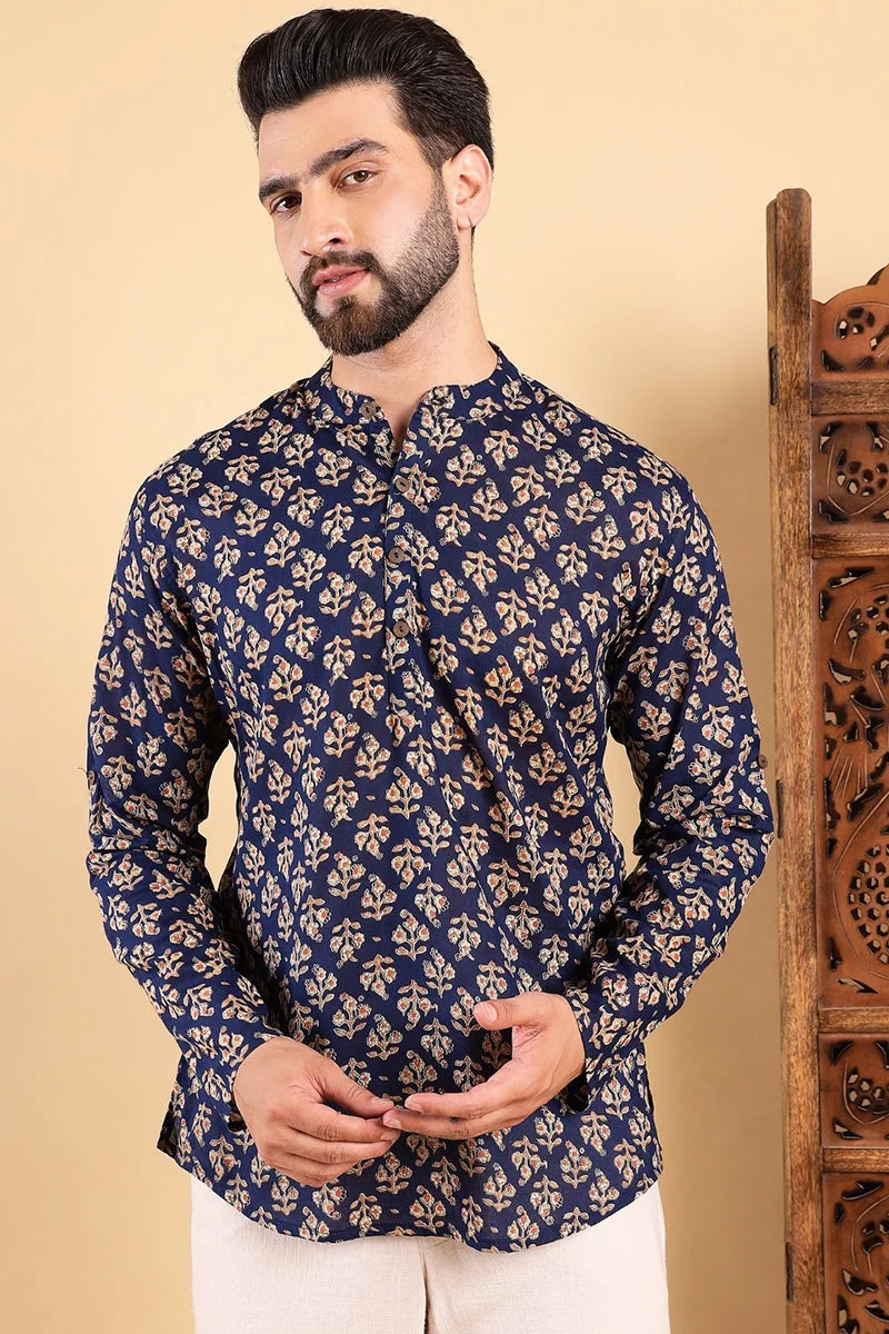 Blue Cotton Floral Printed Straight Short Kurta For Men MSKU1005BLU