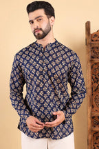 Blue Cotton Floral Printed Straight Short Kurta For Men MSKU1005BLU
