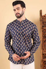 Blue Cotton Floral Printed Straight Short Kurta For Men MSKU1005BLU