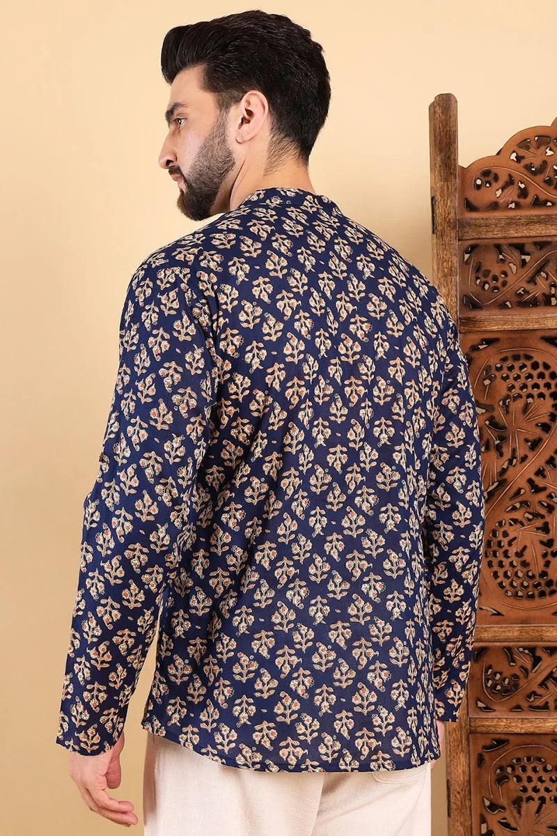 Blue Cotton Floral Printed Straight Short Kurta For Men MSKU1005BLU