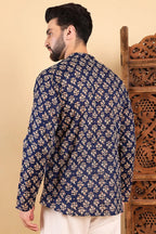 Blue Cotton Floral Printed Straight Short Kurta For Men MSKU1005BLU
