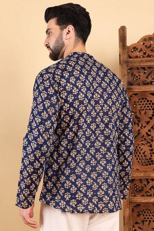 Blue Cotton Floral Printed Straight Short Kurta For Men MSKU1005BLU
