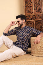 Blue Cotton Floral Printed Straight Short Kurta For Men MSKU1005BLU