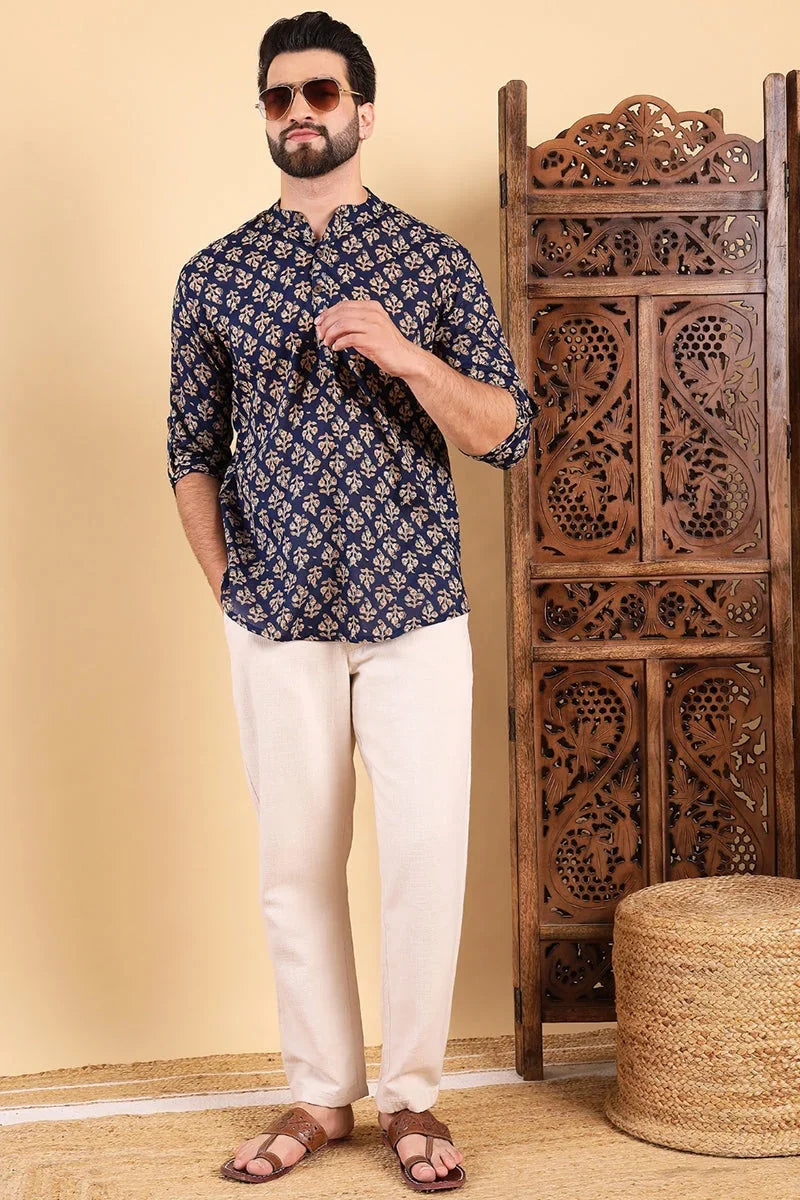 Blue Cotton Floral Printed Straight Short Kurta For Men MSKU1005BLU