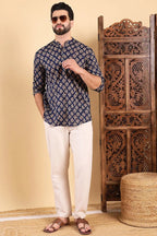Blue Cotton Floral Printed Straight Short Kurta For Men MSKU1005BLU