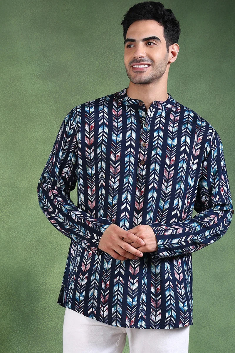 Blue Viscose Rayon Chevron Printed Straight Short Kurta For Men MSKU1006BLU
