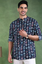 Blue Viscose Rayon Chevron Printed Straight Short Kurta For Men MSKU1006BLU