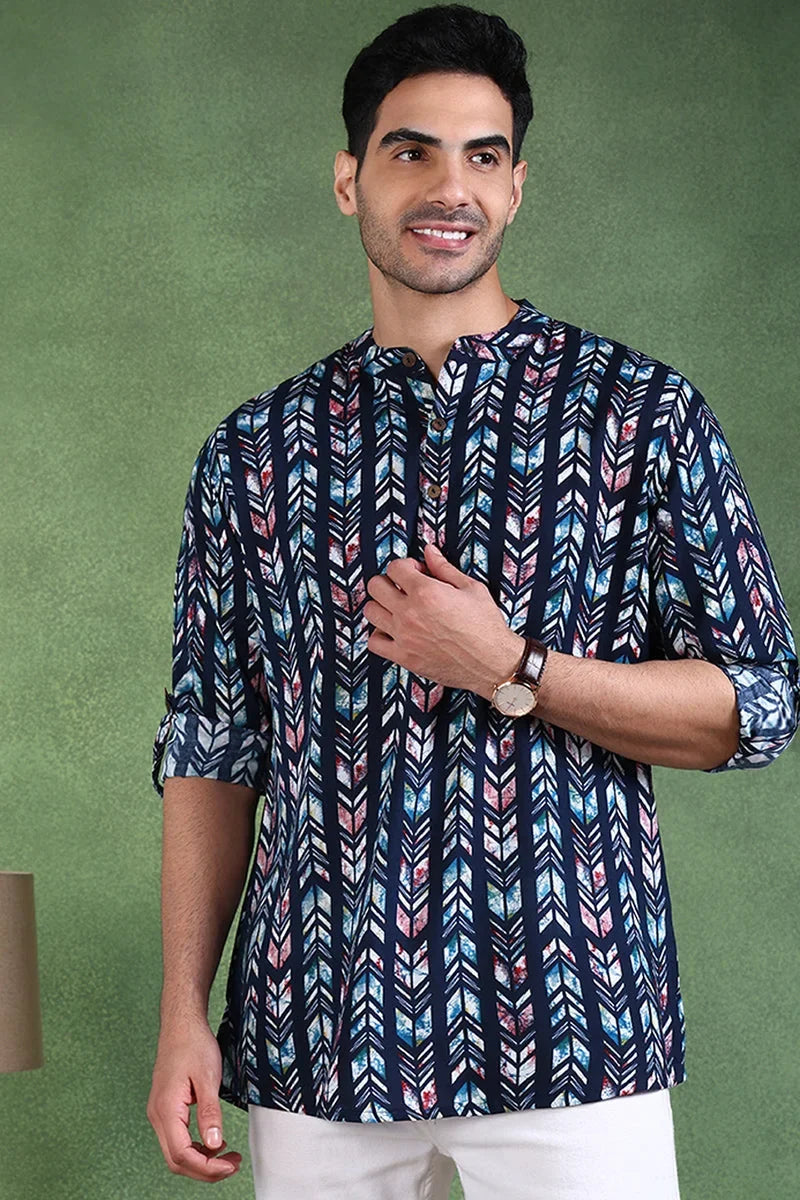 Blue Viscose Rayon Chevron Printed Straight Short Kurta For Men MSKU1006BLU