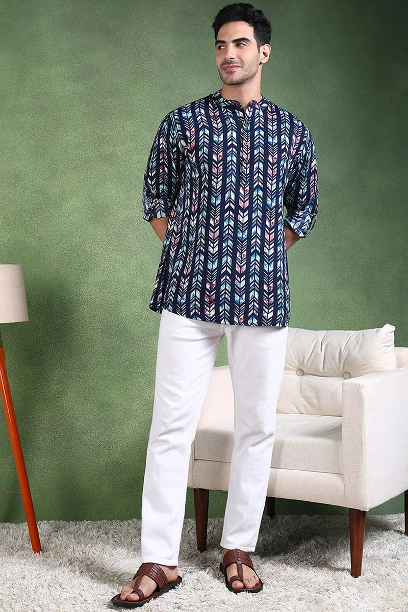 Blue Viscose Rayon Chevron Printed Straight Short Kurta For Men MSKU1006BLU
