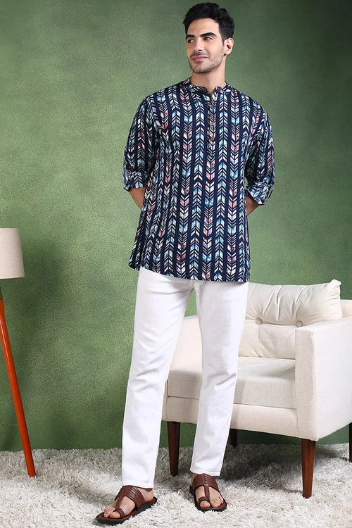 Blue Viscose Rayon Chevron Printed Straight Short Kurta For Men MSKU1006BLU