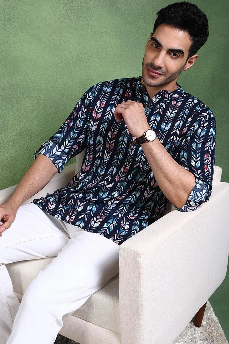 Blue Viscose Rayon Chevron Printed Straight Short Kurta For Men MSKU1006BLU