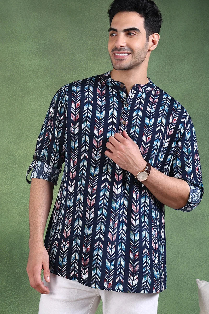 Blue Viscose Rayon Chevron Printed Straight Short Kurta For Men MSKU1006BLU