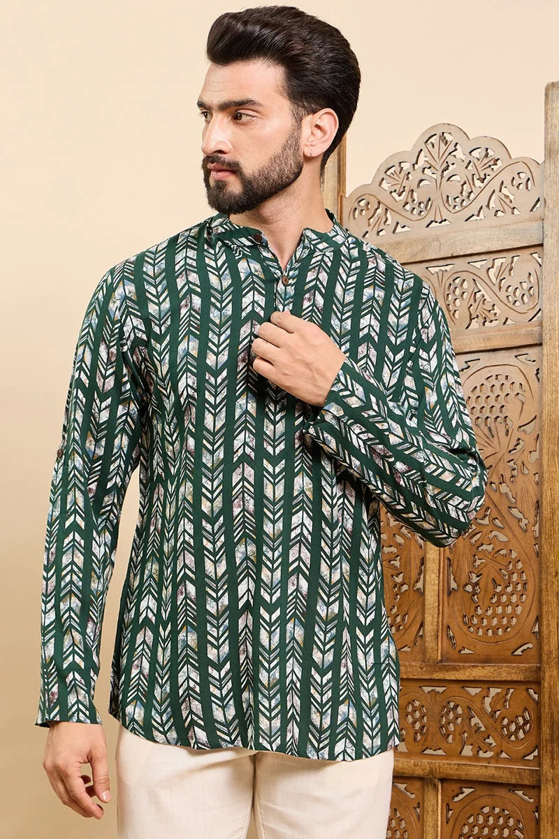 Green Viscose Rayon Chevron Printed Ethnic Straight Short Kurta For Men MSKU1006GRN