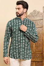 Green Viscose Rayon Chevron Printed Ethnic Straight Short Kurta For Men MSKU1006GRN