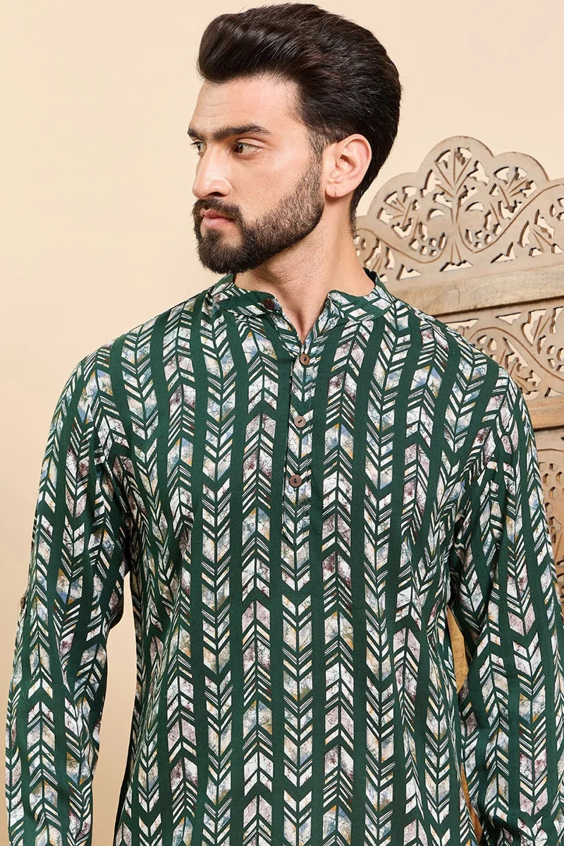 Green Viscose Rayon Chevron Printed Ethnic Straight Short Kurta For Men MSKU1006GRN