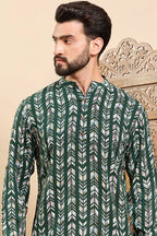 Green Viscose Rayon Chevron Printed Ethnic Straight Short Kurta For Men MSKU1006GRN