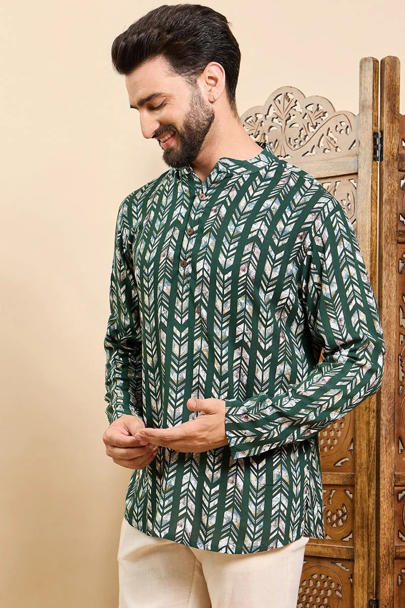 Green Viscose Rayon Chevron Printed Ethnic Straight Short Kurta For Men MSKU1006GRN