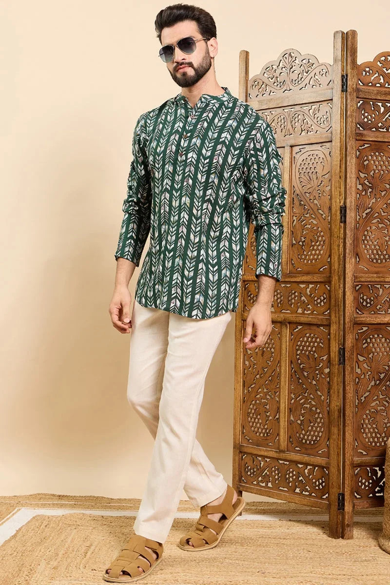 Green Viscose Rayon Chevron Printed Ethnic Straight Short Kurta For Men MSKU1006GRN